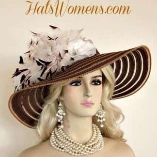 Ladies Brown White Wide Brim Church Wedding Designer Fashion Hat Feathers Roses