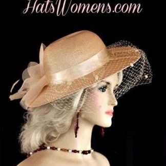 Ladies Camel Beige Brim Designer Veil Hat Church Dress Fashion Hats