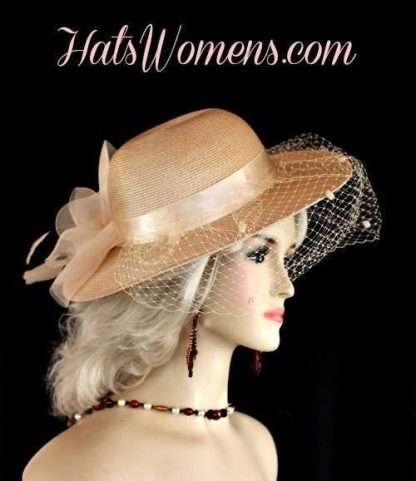 Ladies Camel Beige Brim Designer Veil Hat Church Dress Fashion Hats