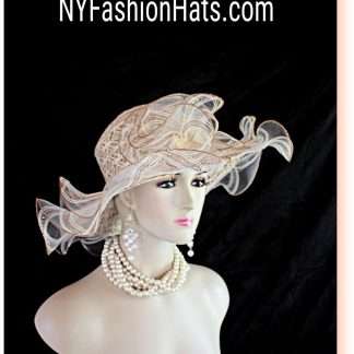 Ladies Coffee Beige Ivory Ruffled Edge Wide Brim Dress Hat