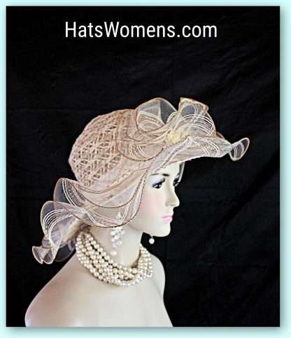 Ladies Coffee Beige Ivory Ruffled Edge Wide Brim Dress Hat