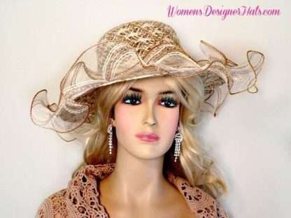 Ladies Coffee Beige Ivory Ruffled Edge Wide Brim Dress Hat