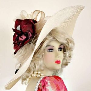 Ladies Custom Straw Braid Ivory Burgundy Flower Dress Designer Hat