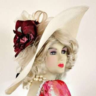 Ladies Custom Straw Braid Ivory Burgundy Flower Dress Designer Hat