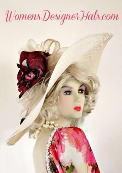 Ladies Custom Straw Braid Ivory Burgundy Flower Dress Designer Hat