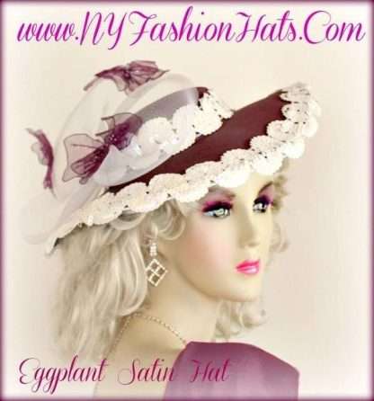 Ladies Eggplant Purple Satin Hat Butterflies Fashion Tea Designer Hats I9q2