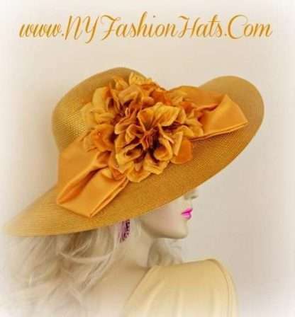 Ladies Gold Designer Wedding Hat With A Bow And Flowers Nyfashionhats