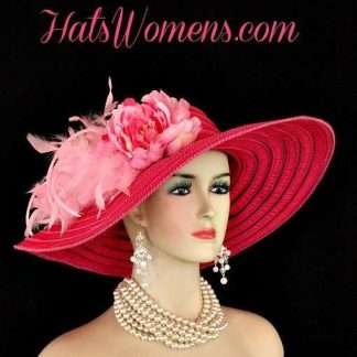 Ladies Hot Pink Wide Brim Church Wedding  Designer Fashion Hat Feathers Flower