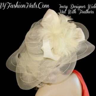 Ladies Ivory Wide Brim Designer Hat With Feathers Ny Fashion Hats