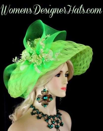 Ladies Lime Green Designer Hat Flowers Weddings Bridal Woman's Hats