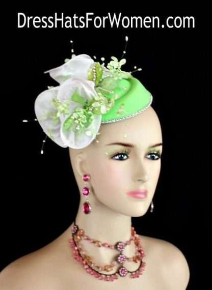 Ladies Lime Green White Mini Felt Winter Fall Pillbox Cocktail Hat Wedding Fascinator Bridal Headpiece