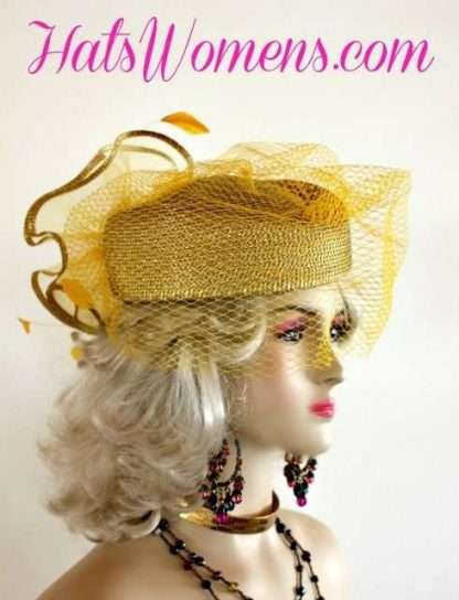 Ladies Metallic Gold Special Occasion Veiled Pillbox Hat