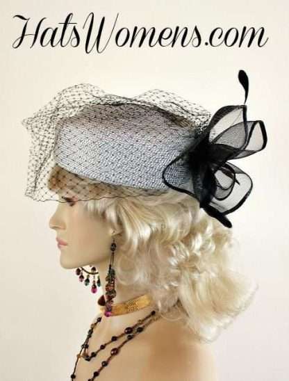 Ladies Metallic Silver Black Special Occasion Veiled Pillbox Hat