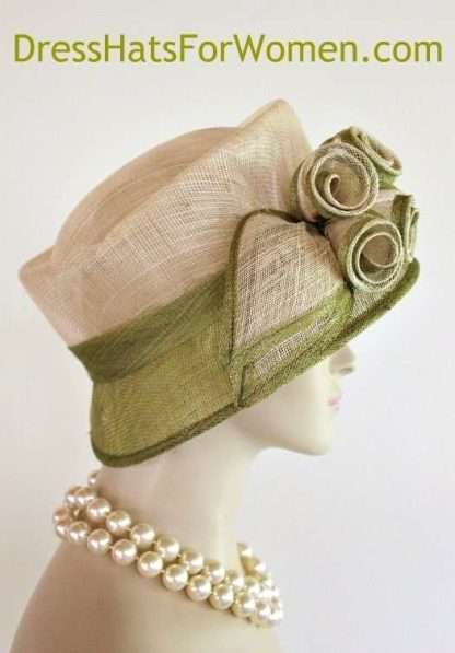 Ladies Olive Green Ivory Sinamay Straw Designer Hat Weddings Church Hats Millinery 4bn