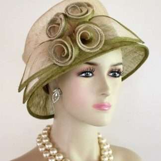 Ladies Olive Green Ivory Sinamay Straw Designer Hat Weddings Church Hats Millinery 4bn