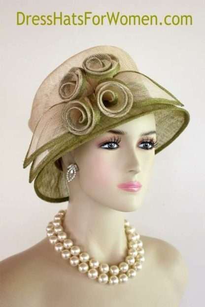 Ladies Olive Green Ivory Sinamay Straw Designer Hat Weddings Church Hats Millinery 4bn