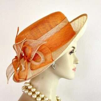 Ladies Orange Soft Ivory Beige Wide Brim Sinamay Straw Hat