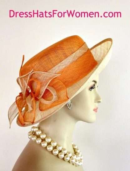 Ladies Orange Soft Ivory Beige Wide Brim Sinamay Straw Hat