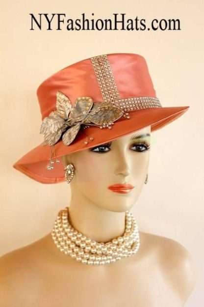 Ladies Peach Metallic Silver Abstract Wide Brim Satin Designer Church Wedding Dress Hat Flowers