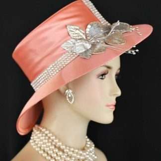 Ladies Peach Metallic Silver Abstract Wide Brim Satin Designer Church Wedding Dress Hat Flowers