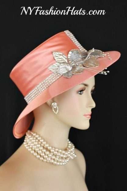 Ladies Peach Metallic Silver Abstract Wide Brim Satin Designer Church Wedding Dress Hat Flowers