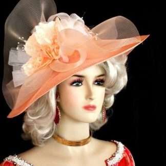 Ladies Peach White Wide Brim Kentucky Derby Hat