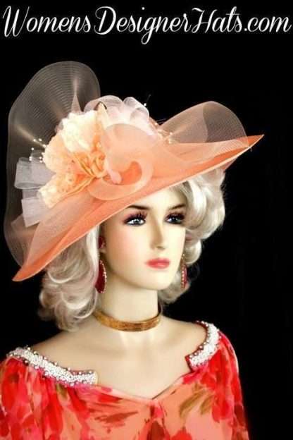 Ladies Peach White Wide Brim Kentucky Derby Hat