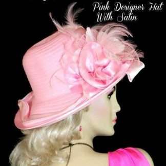 Ladies Pink Designer Hat Velvet Flowers Feathers Satin Edge Dress Hats