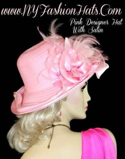 Ladies Pink Designer Hat Velvet Flowers Feathers Satin Edge Dress Hats