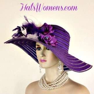 Ladies Purple White Wide Brim Church Wedding Designer Fashion Hat Feathers Roses