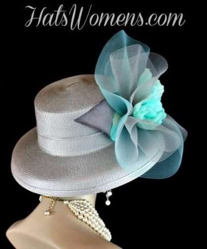 Ladies Silver Grey Aqua Turquoise Blue Designer Fashion Hat