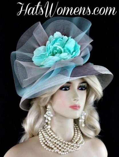 Ladies Silver Grey Aqua Turquoise Blue Designer Fashion Hat