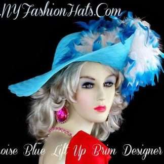 Ladies Turquoise Blue Hat With White Feathers