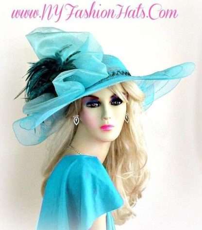 Ladies Turquoise Blue Wide Scallop Brim Dress Hat