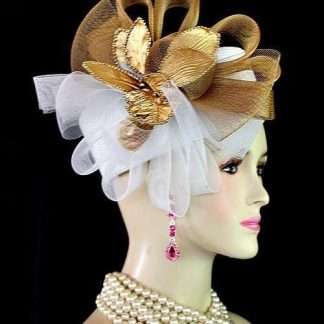 Ladies White Bronze Metallic Gold Pillbox Wedding Hat