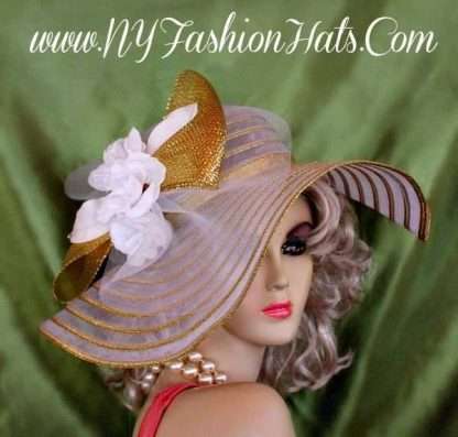 Ladies White Metallic Gold Wide Brim Designer Hat With White Roses 4cbz