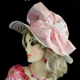 Ladies White Pink Wide Brim Derby Occasion Hat