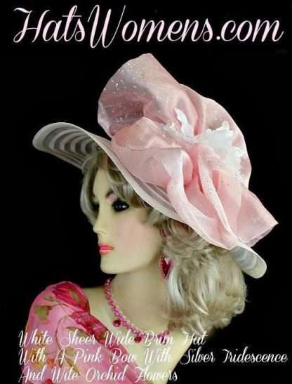 Ladies White Pink Wide Brim Derby Occasion Hat