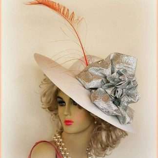 Ladies White Wide Brim Designer Hat Silver Bow Orange Peacock Feather