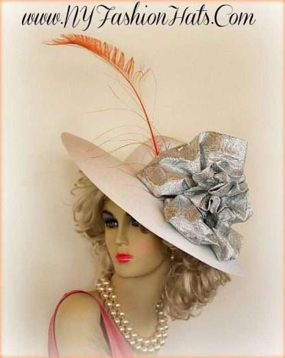 Ladies White Wide Brim Designer Hat Silver Bow Orange Peacock Feather