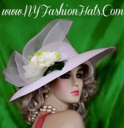 Ladies White Wide Brim Wedding Hat With A Rose Kentucky Derby Hats