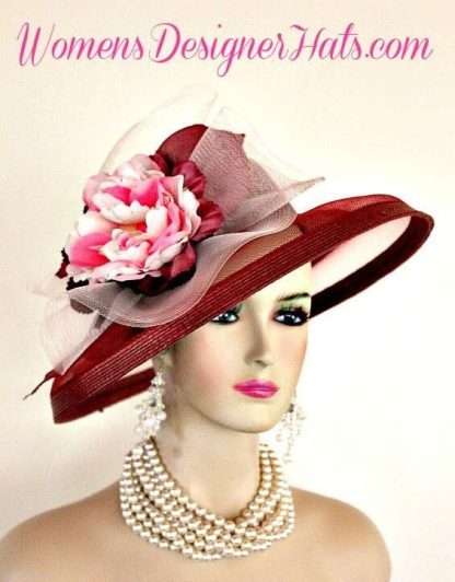 Ladies Wine Burgundy Pink Designer Fashion Wedding Church Hat Horse Race Hats Qz36