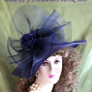 Ladies Women's Navy Blue Wide Brim Designer Hat With A Silk Rose T8872