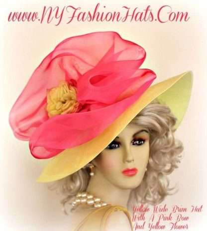 Ladies Yellow And Hot Pink Designer Wide Brim Flower Hat Spring Hats