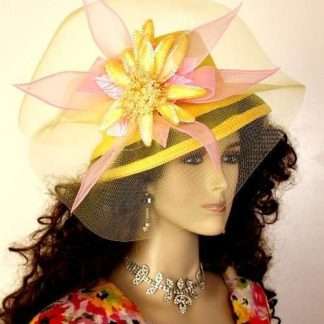 Ladies Yellow Pink Designer Kentucky Derby Hat Woman's Fashion Hats