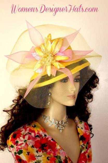 Ladies Yellow Pink Designer Kentucky Derby Hat Woman's Fashion Hats