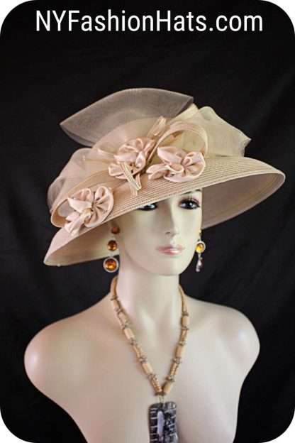 Motf Premium Couture Designer Camel Beige Satin Rosette Hat