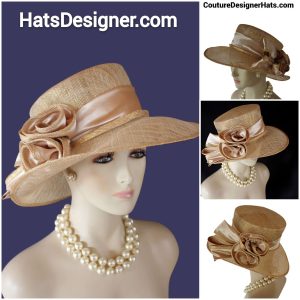 Metallic Gold Beige Sinamay Straw Satin Hat Women