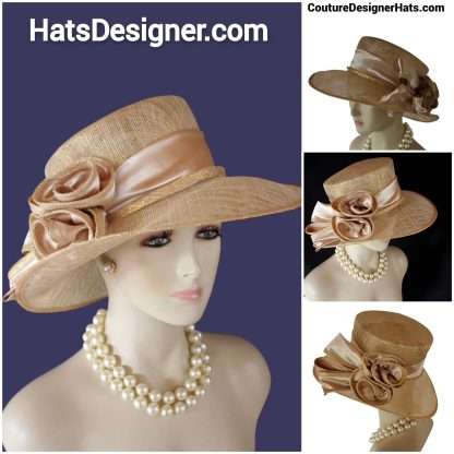 Metallic Gold Beige Sinamay Straw Satin Hat Women