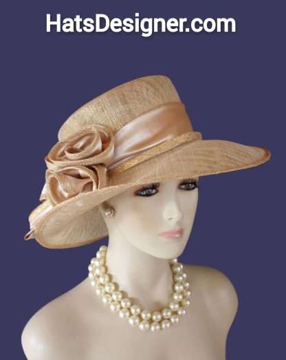 Metallic Gold Beige Sinamay Straw Satin Hat Women